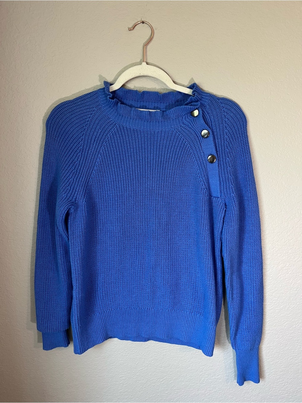 NWT LOFT Blue Cotton Knit Sweater XS Mock Neck Button Shoulder Long Sleeve